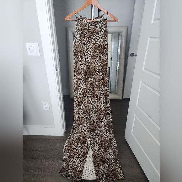 Emma & Michele Womens Animal Print Tie Waist Long Jumpsuit Size L - Picture 1 of 6